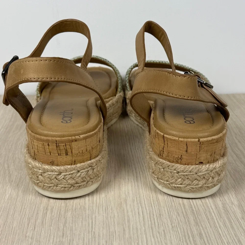 Earth ETCOLLINS Womens 8.5M Tan Leather Woven Espadrille Platform Wedge Sandals